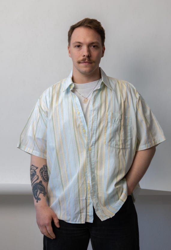 Pastel Stripe Cotton Button Up Shirt Boxy Short Sleeve 90s Vintage  L
