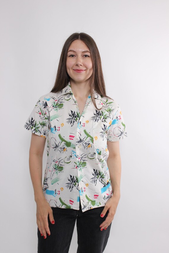 Vintage 90s Abstract Print Blouse Medium, Retro Cotton Button Up Shirt