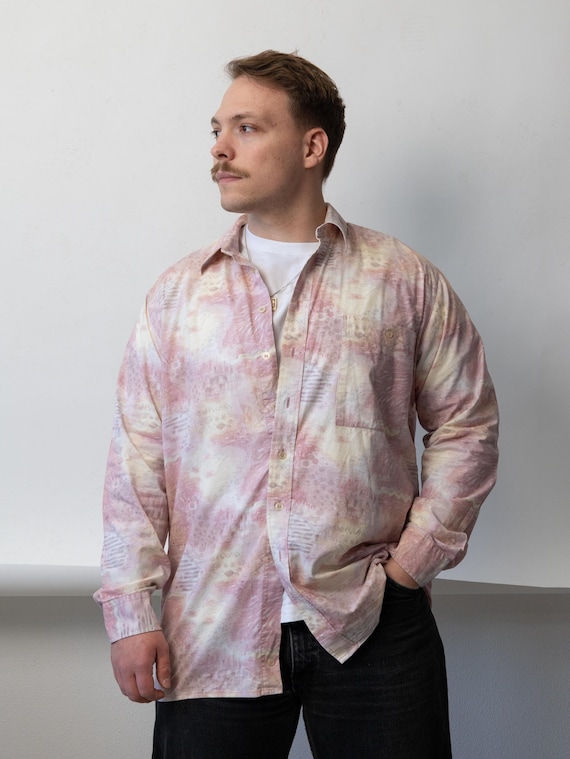 Blush Pink Watercolor Print Shirt Cotton Button Up Boxy 90s Vintage L