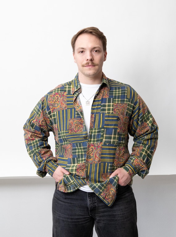 80s Patchwork Plaid Paisley Shirt Vintage Green Tartan Flannel Overshirt Cottagecore Size XL