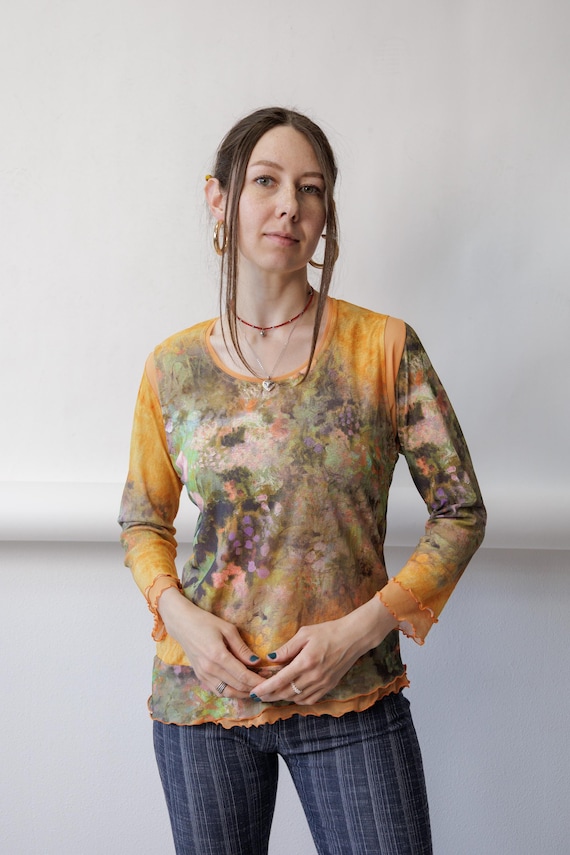 Y2K Floral Mesh Top Vintage Impressionist Print Long Sleeve Fitted Top Size M