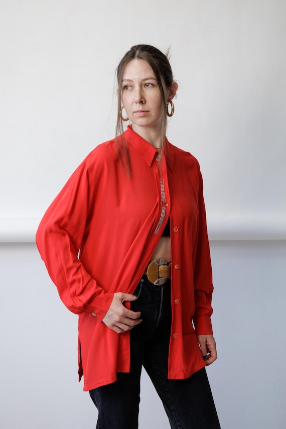 80s Red Silky Blouse Vintage Rhinestone Watch Motif Pointed Hem Shirt Size L