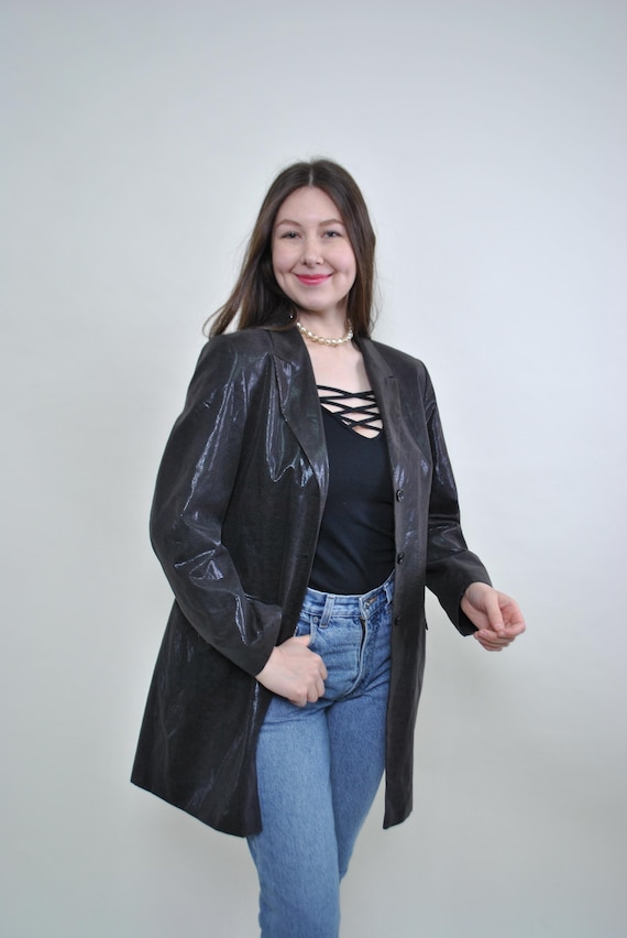 Vintage 90s Black Patterned Trench Coat Textured Minimalist Long Jacket, Size M