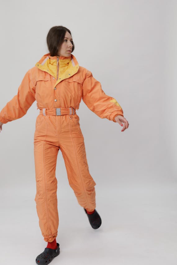 90s Apricot Orange Ski Suit Yellow Lining Belted Hooded Snowsuit S