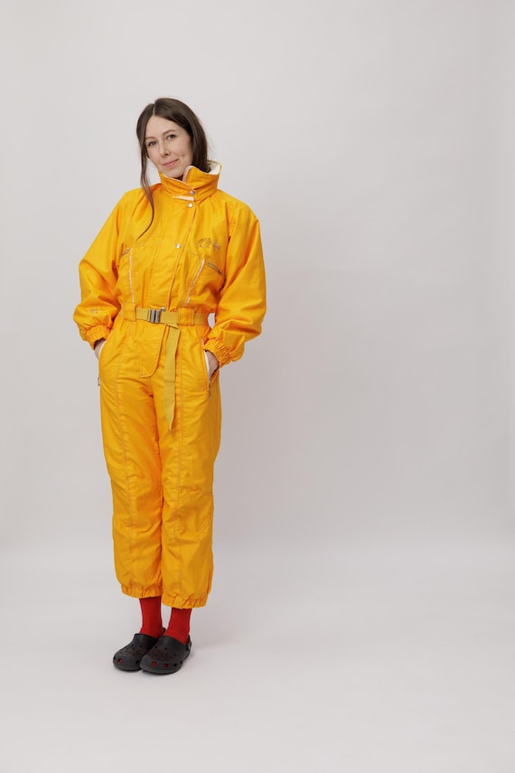 Vintage Yellow Ski Suit One Piece Embroidered Belted Size S
