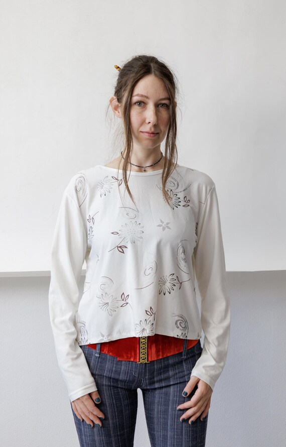 Y2k Pen Sketch Floral Top 2000s White Cream Dolman Batwing Sleeve Boxy Crop M