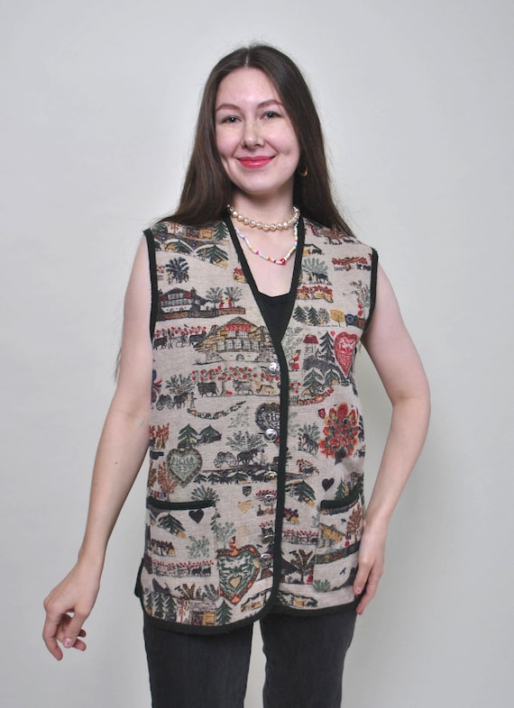 Alpine Tapestry Wool Vest, Austrian Folk Trachten Waistcoat, Cottagecore Print, M