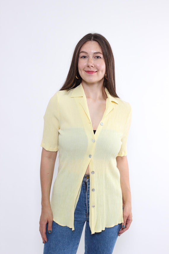 90s textured sheer blouse in yellow, vintage button front vocation fitted blouse, Size S