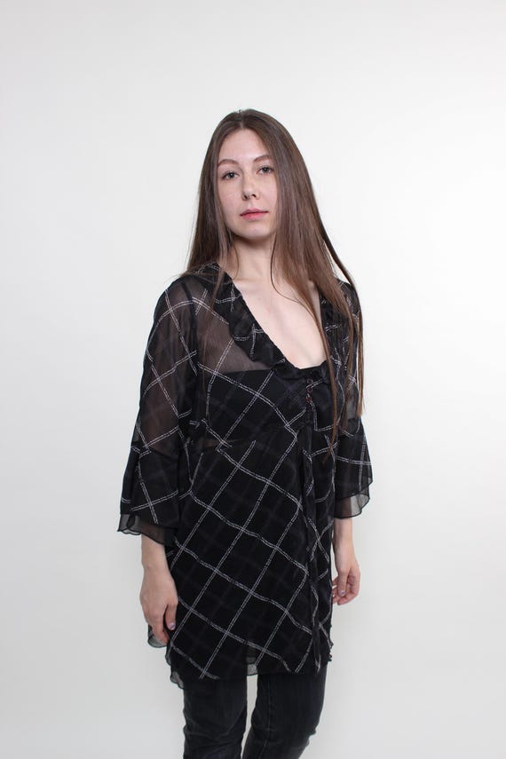 Black Sheer Mesh Blouse 90s Vintage Ruffle Button Up Tunic Top Size M