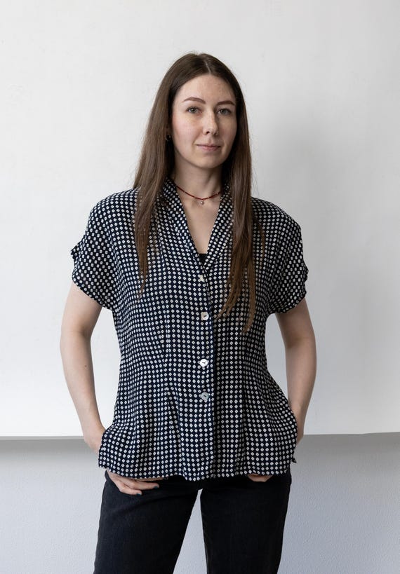 90s Navy Daisy Print Blouse Vintage Ditsy Floral Cap Sleeve Button Up Size M