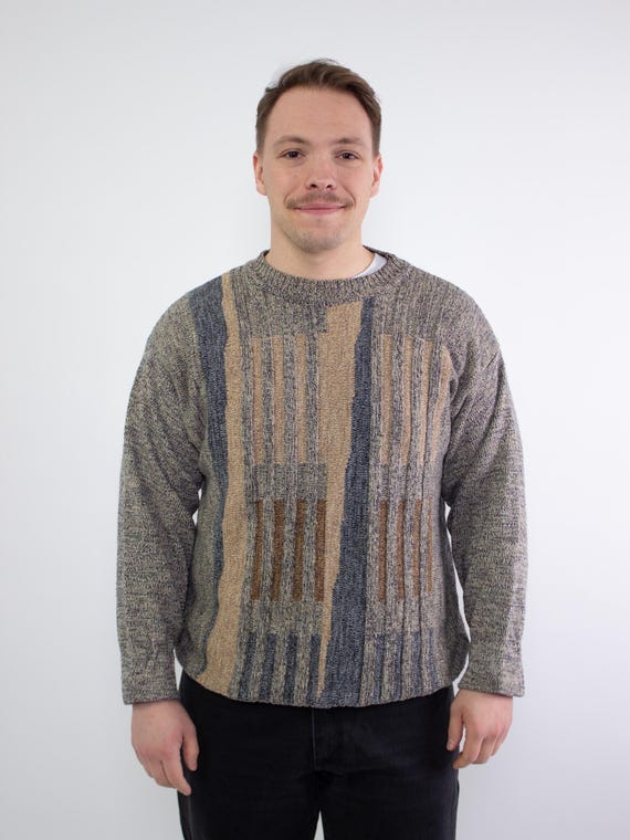 Vintage 90s Abstract Knit Wool Blend Sweater, Neutral Stripe Pullover (Size L)