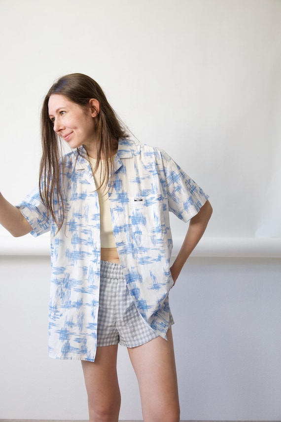 90s Blue Abstract Print Button Shirt Vintage Size 38