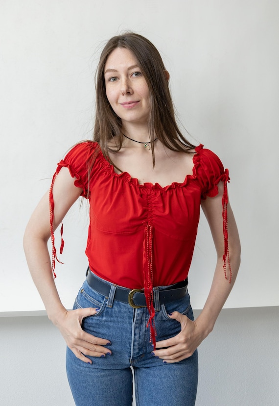 Y2K Red Milkmaid Top Vintage Off Shoulder Ruched Tie Sleeve Stretch Size M