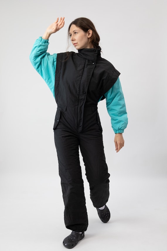 80s Turquoise Sleeve Ski Suit Black Made in France Fleece Lined Snowsuit M
