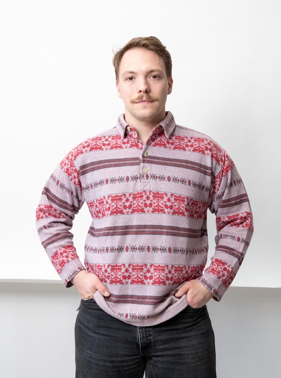 90s Red Folk Pattern Pullover Shirt Vintage  Brushed Cotton Nordic Knit Sweatshirt Size S