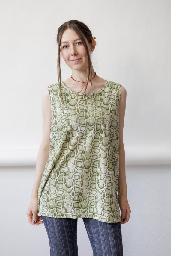 Green Snake Print Tank Top Python Mob Wife Y2K Oversized Animal Print Size XL