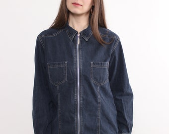 90s blue color denim shirt, vintage woman zip up minimalist shirt, Size M