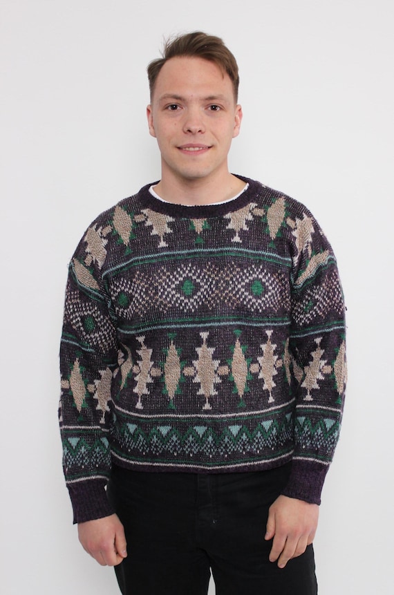 90s Nordic Wool Sweater Vintage Fair Isle Plum Totem Knit Jumper Size M