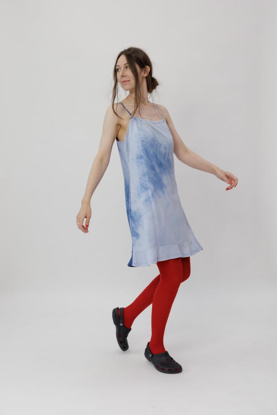 Vintage Blue Tie Dye Slip Dress Sleeveless Midi Made in Spain