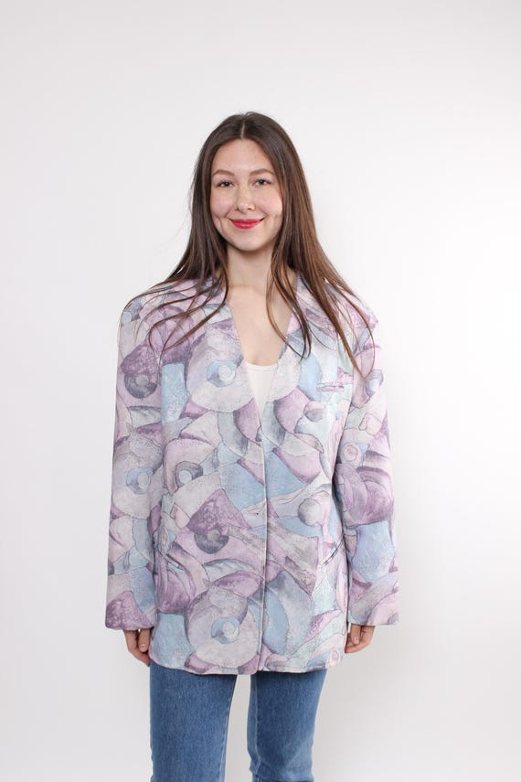 Vintage 90s Abstract Print Blazer Purple, Retro Modernist Jacket, Pastel Art Pattern,  Size L