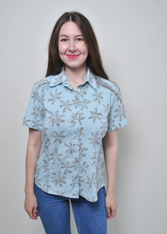 Tropical Palm Print Baby Blue Shirt Vintage 90s Crinkle Cotton Button Up M