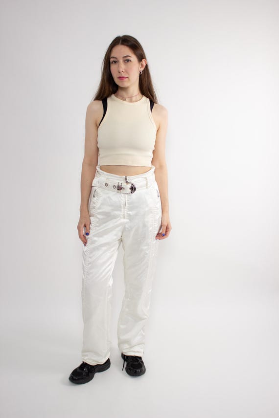 Vintage 90s White Ski Pants – High Waist Shiny Nylon Snow Pants, Size M
