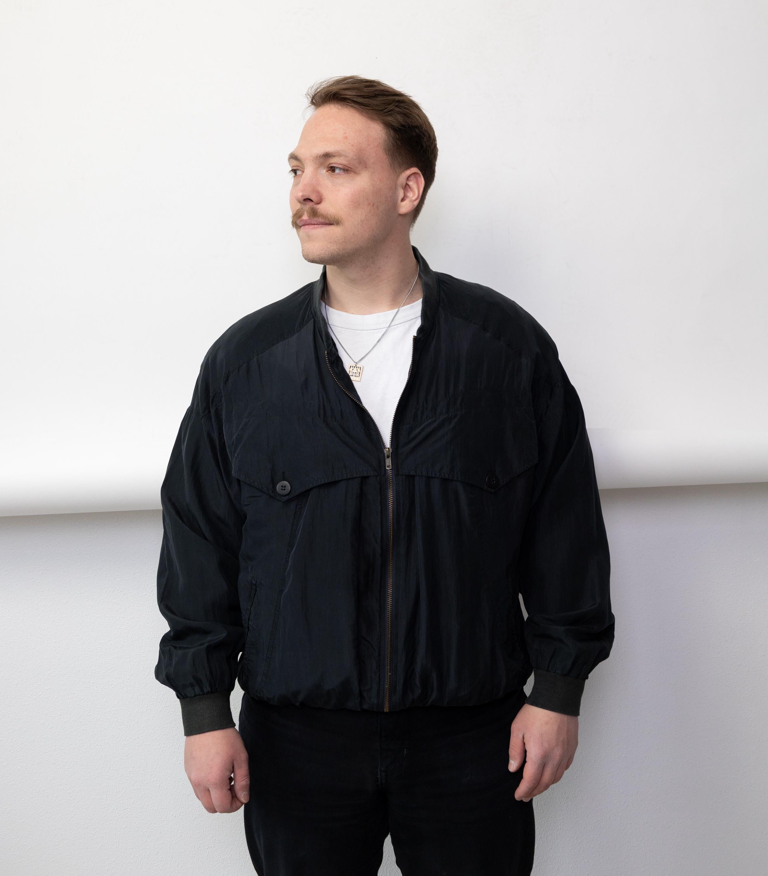 Black Silk Bomber Jacket 90s Vintage Oversized Minimalist Mens Zip
