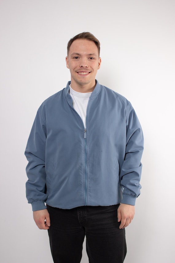 Vintage 90s Blue Bomber Jacket, Zip Up Retro Classic Minimalist Lightweight Jacket, Size L