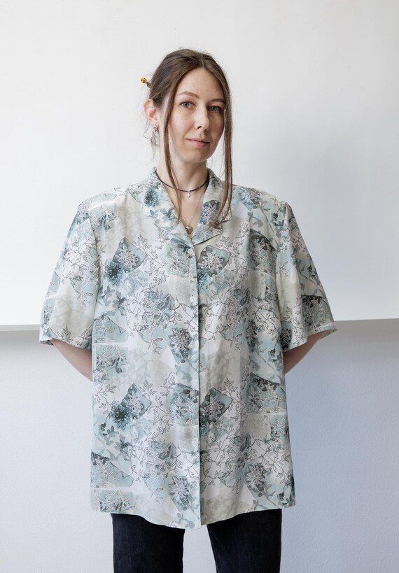 80s Sage Green Watercolor Floral Blouse Vintage Oversized Botanical Print Shirt L