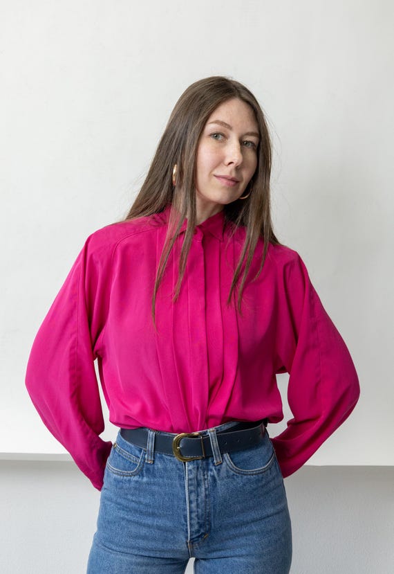 80s Fuchsia Pintuck Blouse Vintage Long Sleeve Pleated Front Button Up Pink Size M