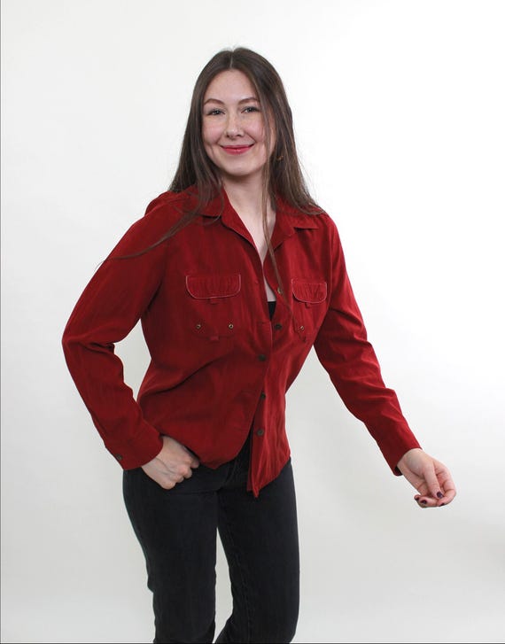 Vintage 90s Red Polyester Blouse – Minimalist Button Up Crop Top