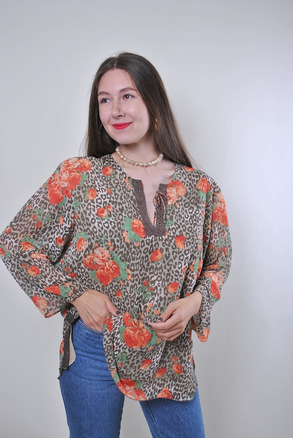 90s flowers print pullover blouse, vintage leopard pattern tie neck lace blouse, Size L