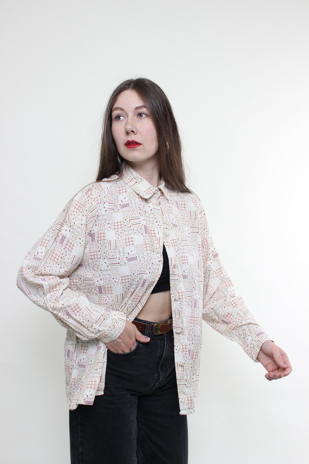90s Graphic Print Digital Print Mesh Blouse (S)