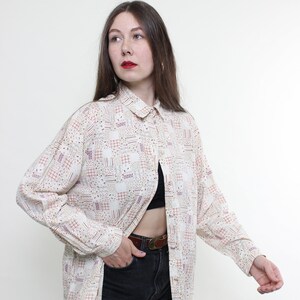 90s abstract print puff sleeve blouse, vintage funky button front cotton blouse, Size L