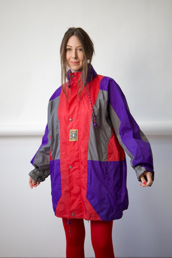 Vintage Colorblock Rain Jacket Red Purple Grey Size XL