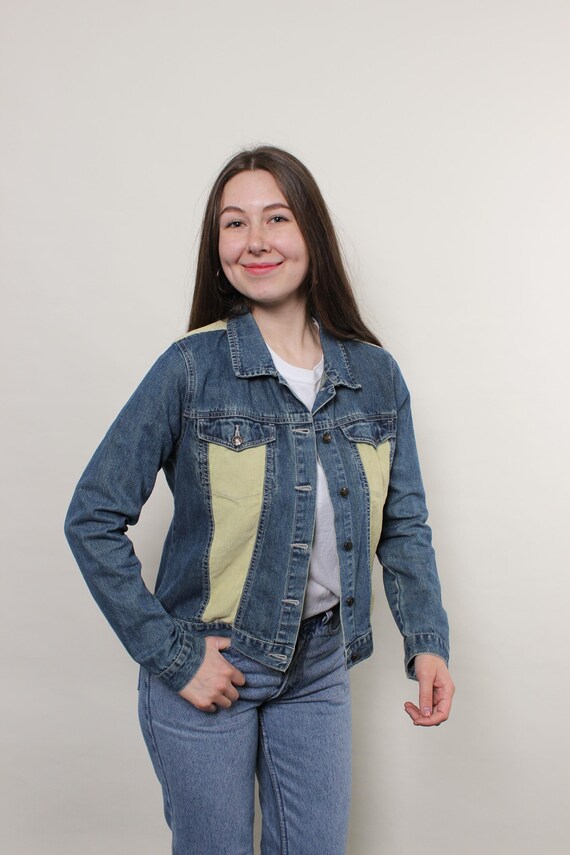 Vintage Two Tone Denim Jacket, 90s Patchwork Corduroy Panel Jean Jacket, Size M