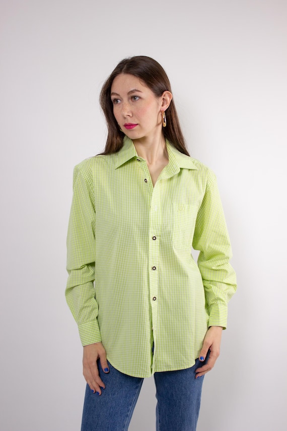90s Green Gingham Blouse Vintage Lime Check Button Up Shirt  Size M