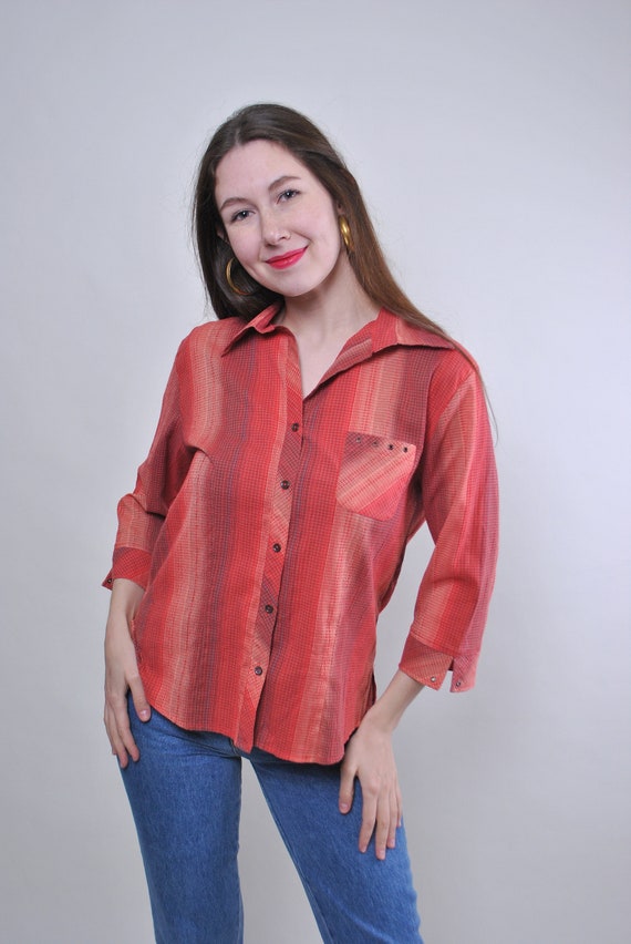 Vintage Red Tonal Plaid Shirt Wide Collar Grommet Pocket M