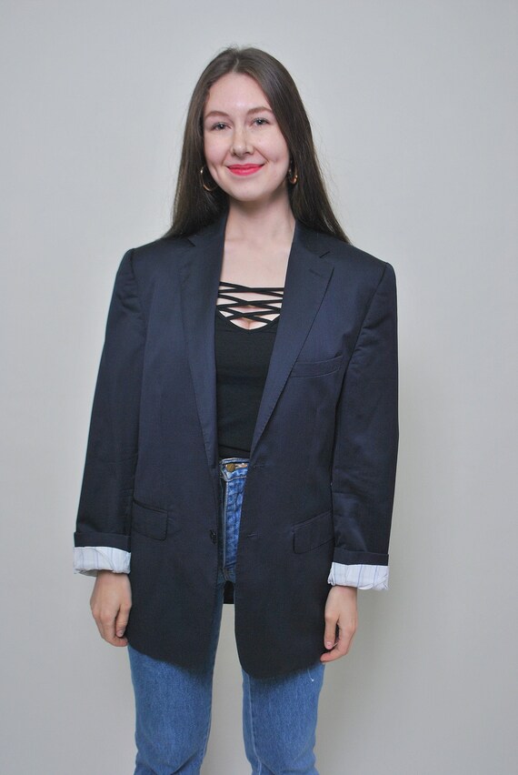 90s formal suit jacket in blue, vintage one button blazer, Size L
