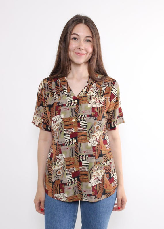 90s Earthy Abstract Patchwork Blouse Vintage Novelty Print Button Up Short Sleeve Size M
