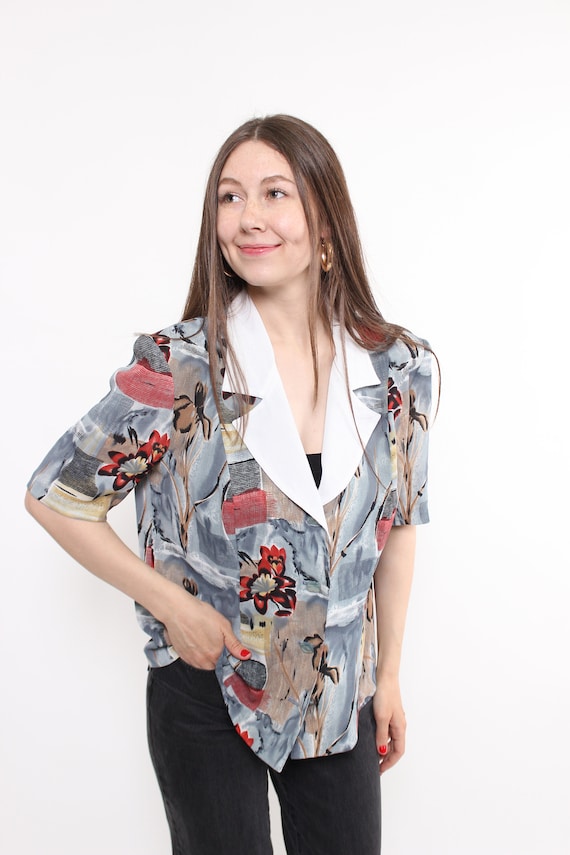 80s abstract print v-neck blouse, vintage short sleeve white collar detail blouse, Size M