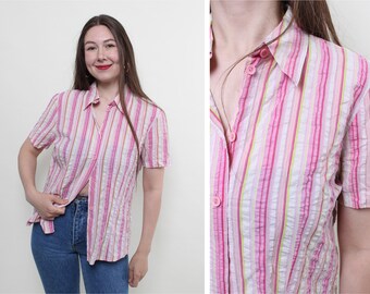 Vintage 90s pink blouse, summer button up blouse, short sleeve striped blouse, Size M