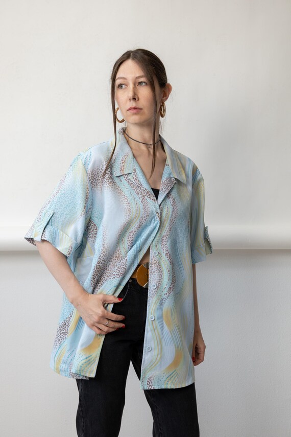 90s Pastel Wave Leopard Blouse Vintage Camp Collar Oversized Short Sleeve Shirt Size XL