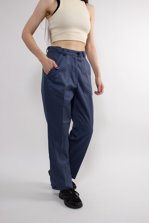 90s Slate Blue Pleated Trousers Vintage High Waist Straight Leg Workwear Pants Size M