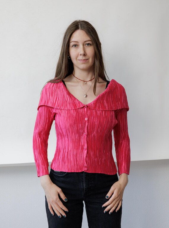 Hot Pink Plisse Top Off Shoulder Collar Micro Pleated Y2K Evening Blouse M
