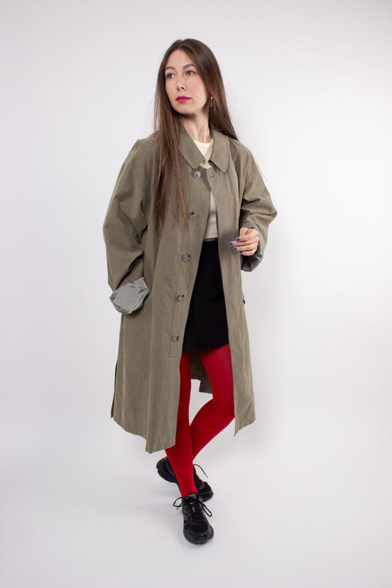 90s Olive Green Trench Coat Vintage Oversized Balmacaan Mac Button Long Jacket Size L