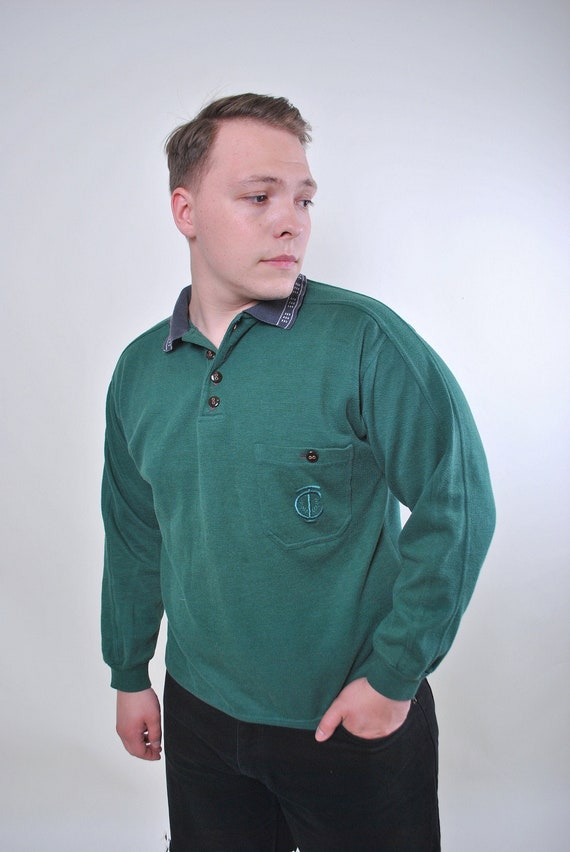 90s collared sweatshirt, vintage green embroidered sweatshirt with pocket, Size L