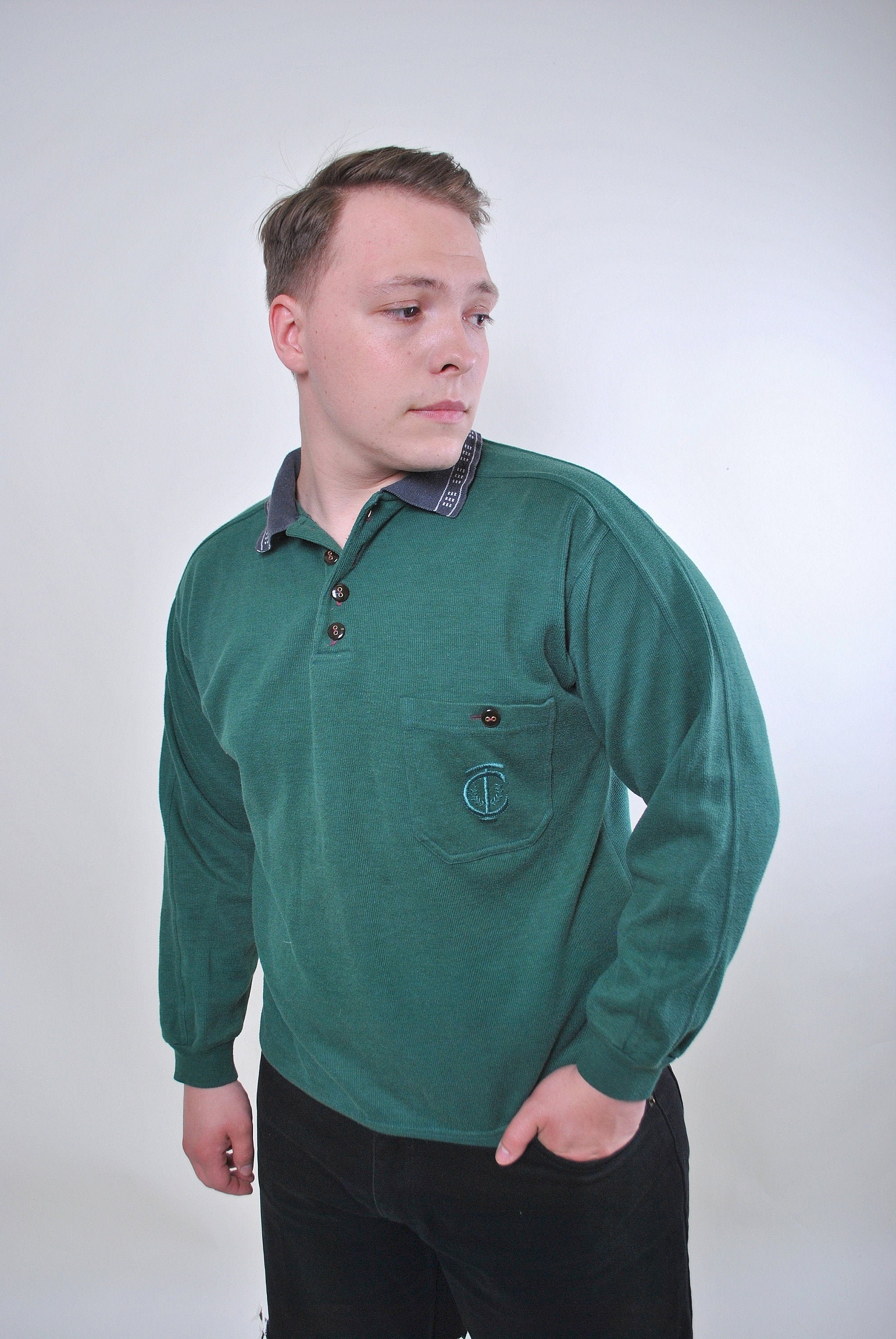 Men retro green collared sweatshirt with pocket Size L Etsy
