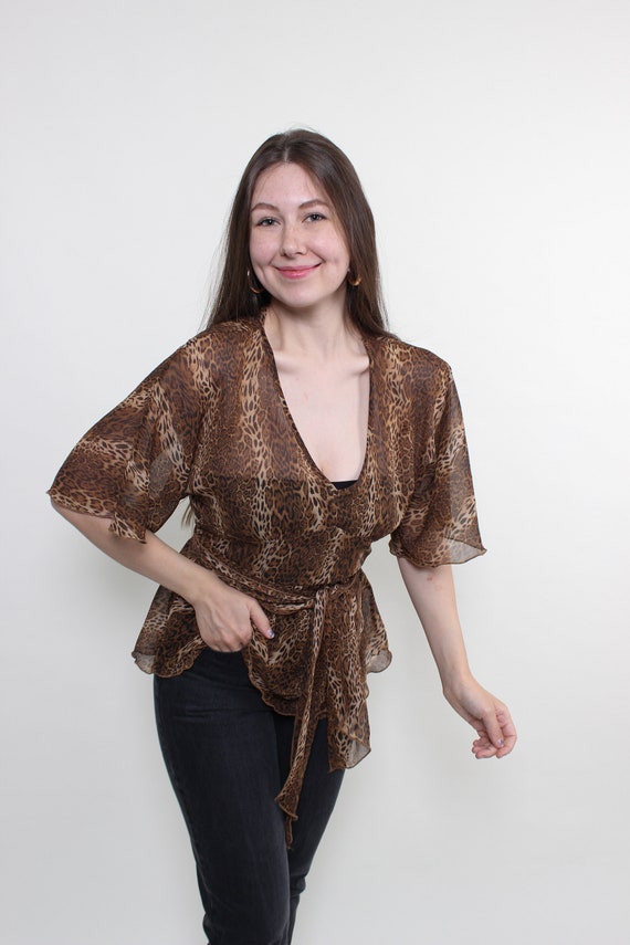 90s Leopard Print Sheer Blouse Vintage Wrap Front Tie Waist Flutter Sleeve Size M