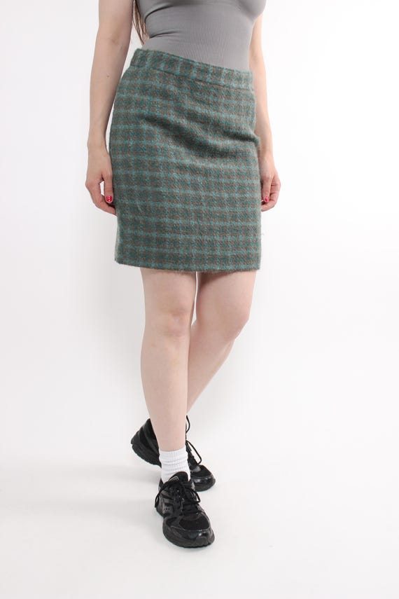 90s blue wool mini skirt, vintage checkered winter skirt in soft plaid, Size S